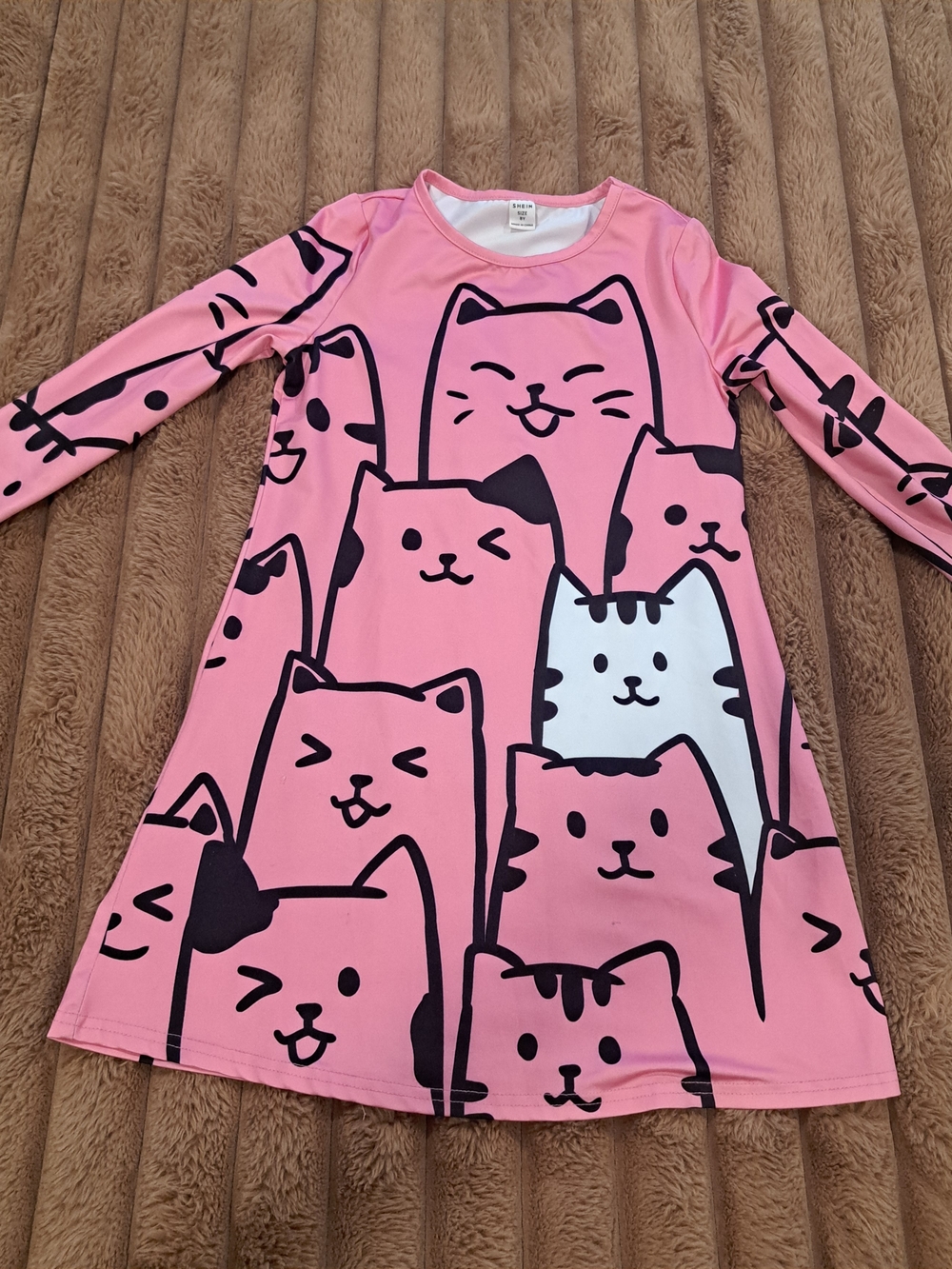 Shein Girls Size 8 Yr Adorable Pink Black White Cat Dress Long Sleeves